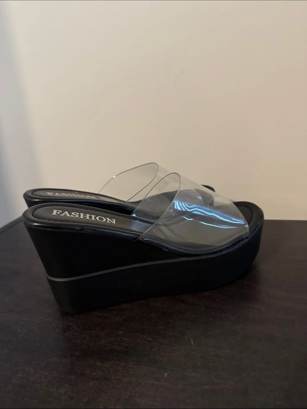 Clear Strap Black Platform Wedge Sandals